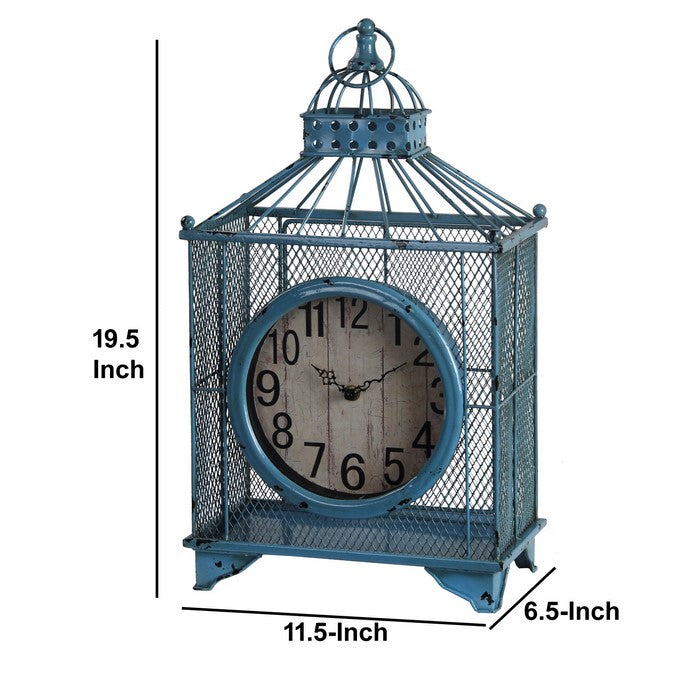 Mesh Design Iron Table Clock with Ring Handle, Blue and White
