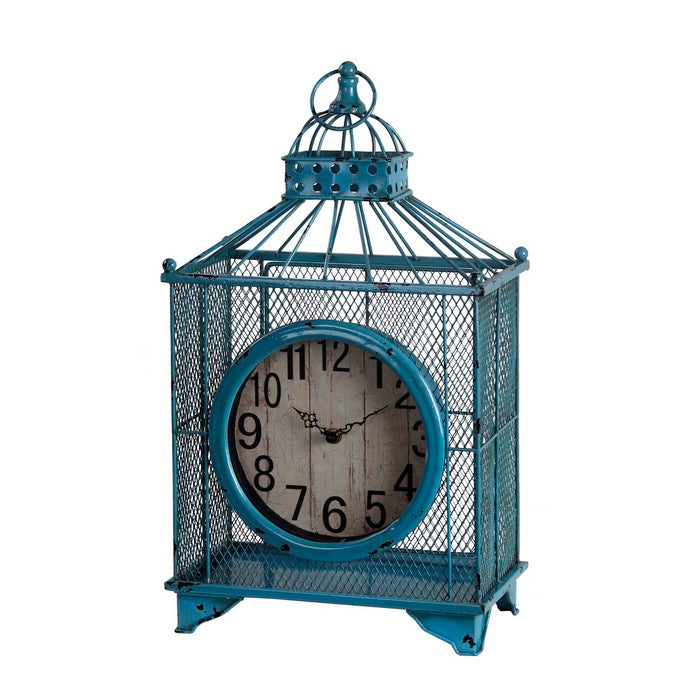 Mesh Design Iron Table Clock with Ring Handle, Blue and White