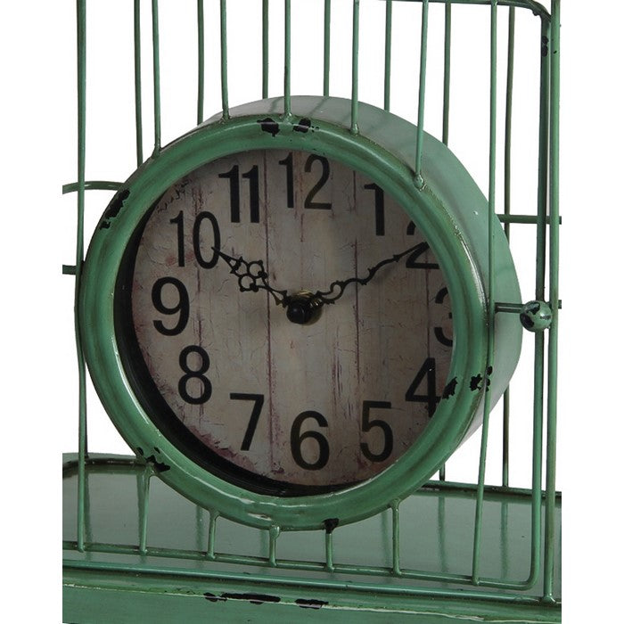 Bird Cage Iron Table Clock with  Ring Handle, Green and White