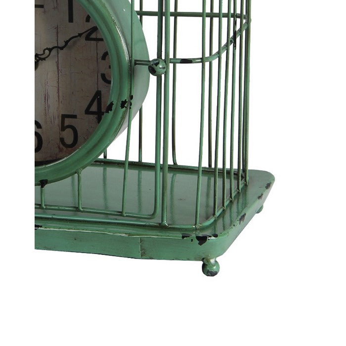 Bird Cage Iron Table Clock with  Ring Handle, Green and White