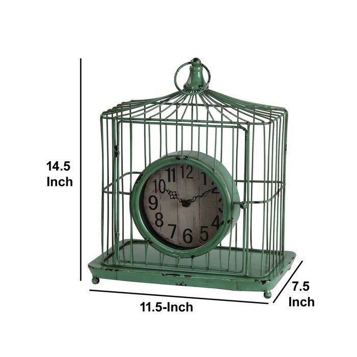 Bird Cage Iron Table Clock with  Ring Handle, Green and White