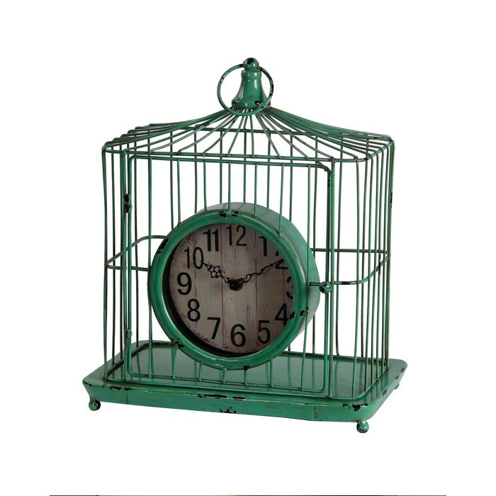 Bird Cage Iron Table Clock with  Ring Handle, Green and White