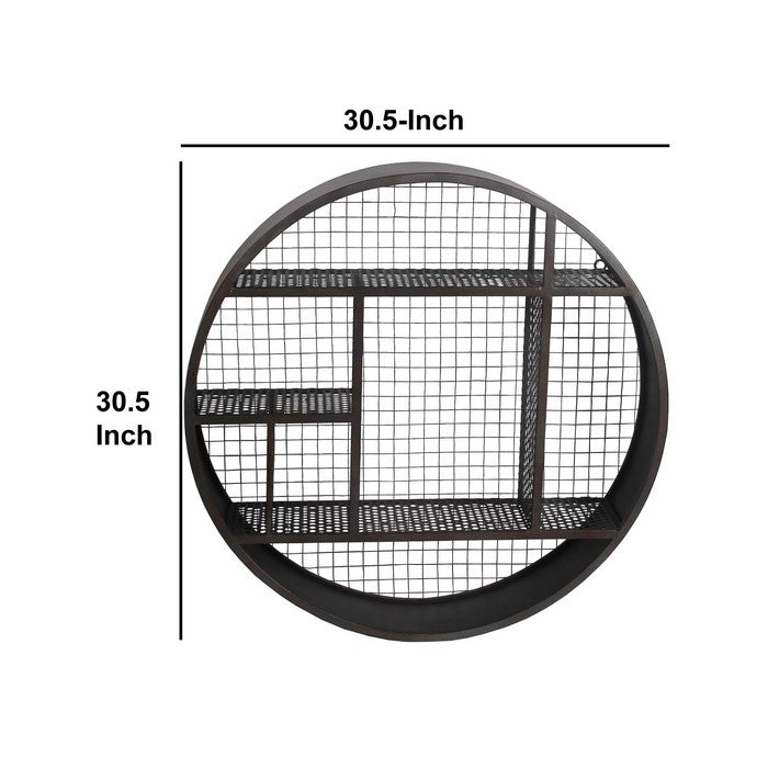 Industrial 3 Tier Round Iron Wall Shelf with Mesh Backing, Gray
