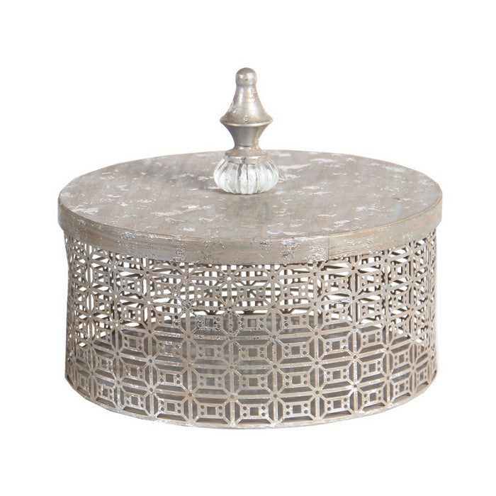 2 Piece Decorative Pierced Metal Box Set with Lidded Finial Top,Silver