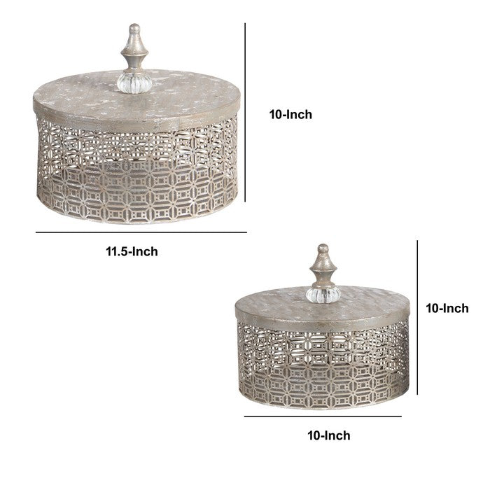 2 Piece Decorative Pierced Metal Box Set with Lidded Finial Top,Silver