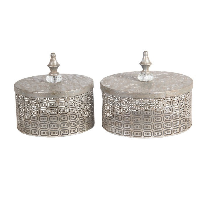 2 Piece Decorative Pierced Metal Box Set with Lidded Finial Top,Silver