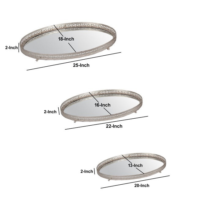 Decorative Oval Iron Tray with Glass Inserted Top, Set of 3, Silver