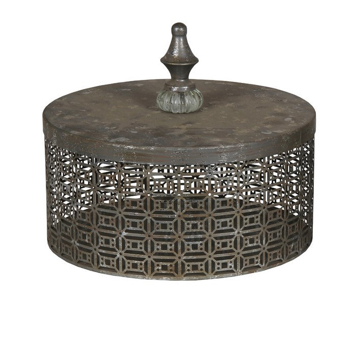 Rustic Pierced Metal Box with Lidded Finial Top, Set of 2, Gray