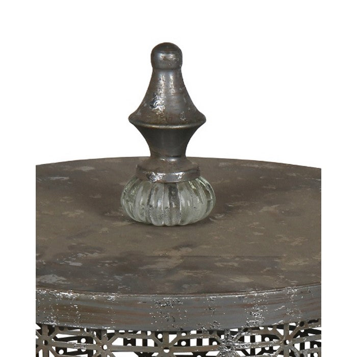 Rustic Pierced Metal Box with Lidded Finial Top, Set of 2, Gray