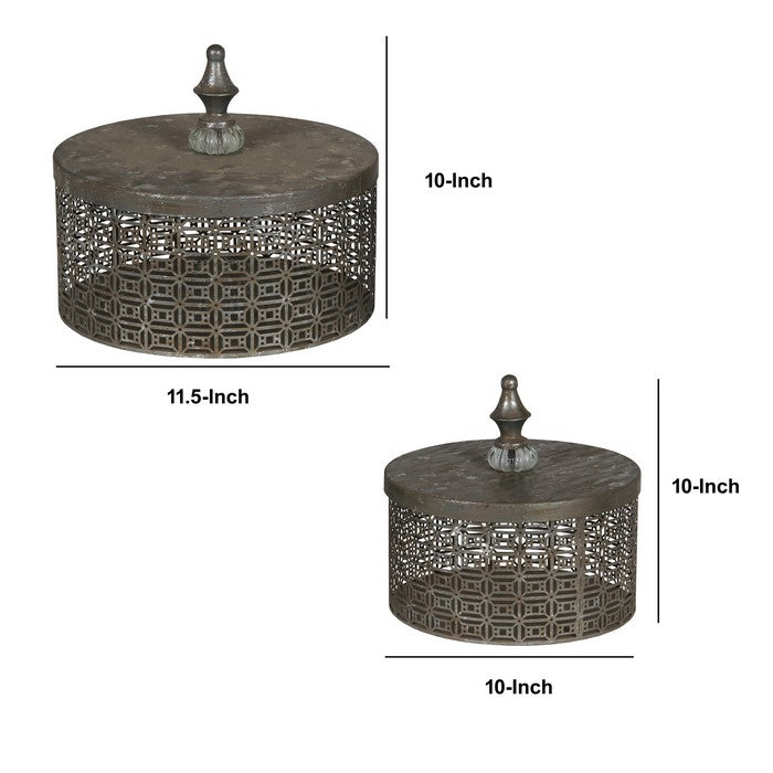 Rustic Pierced Metal Box with Lidded Finial Top, Set of 2, Gray