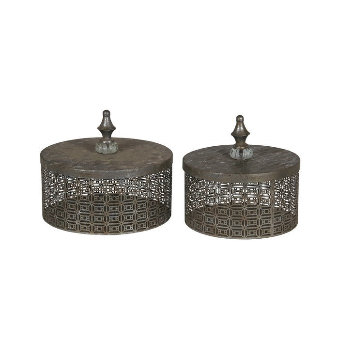Rustic Pierced Metal Box with Lidded Finial Top, Set of 2, Gray