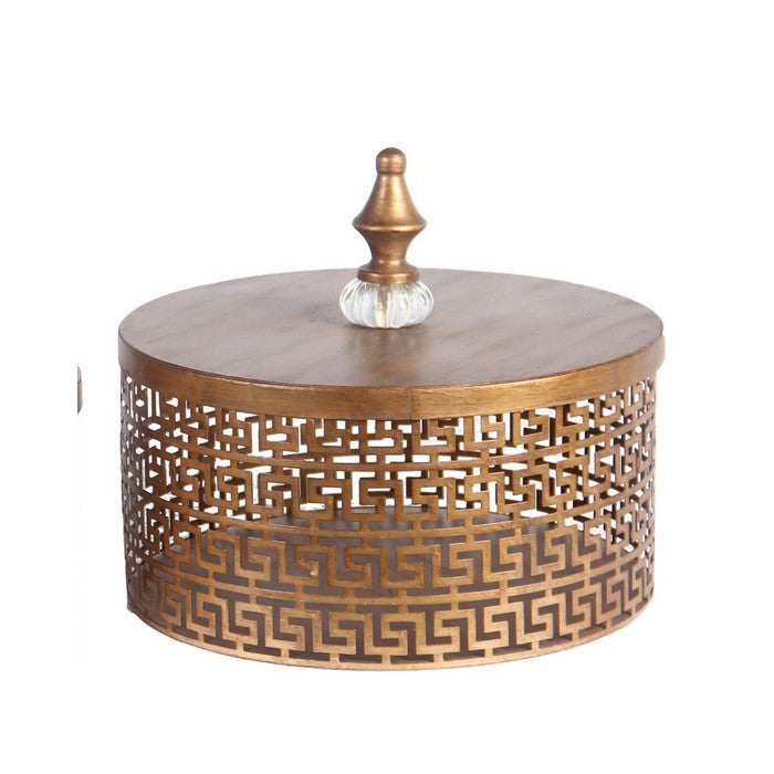 2 Piece Decorative Pierced Metal Box Set with Lidded Finial Top, Gold