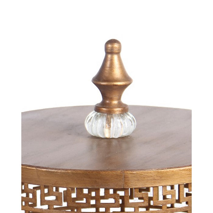 2 Piece Decorative Pierced Metal Box Set with Lidded Finial Top, Gold