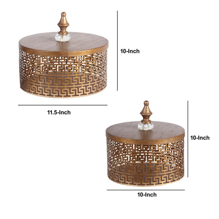 2 Piece Decorative Pierced Metal Box Set with Lidded Finial Top, Gold