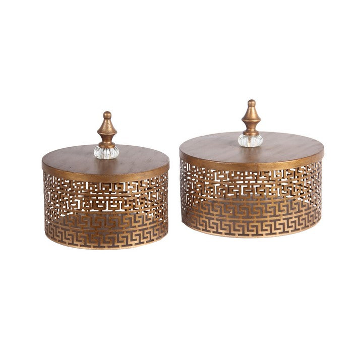 2 Piece Decorative Pierced Metal Box Set with Lidded Finial Top, Gold