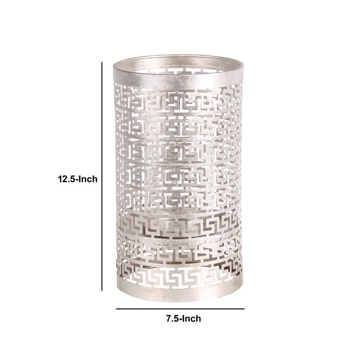 Decorative Metal Candle Holder with Meander Design, Large, Silver