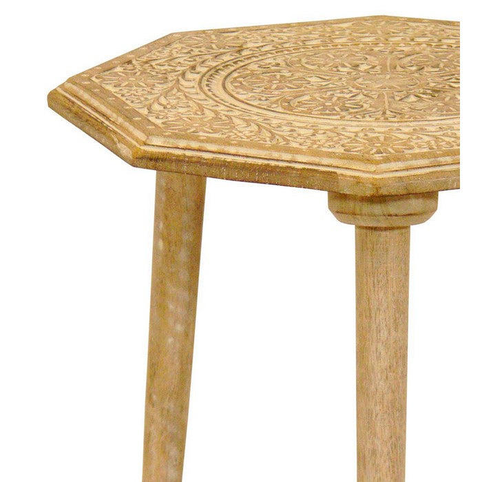 Wooden 3 Legged Octagonal Table with Intricate Carving Details, Brown