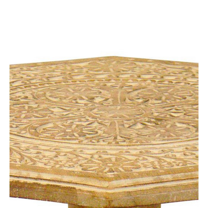 Wooden 3 Legged Octagonal Table with Intricate Carving Details, Brown