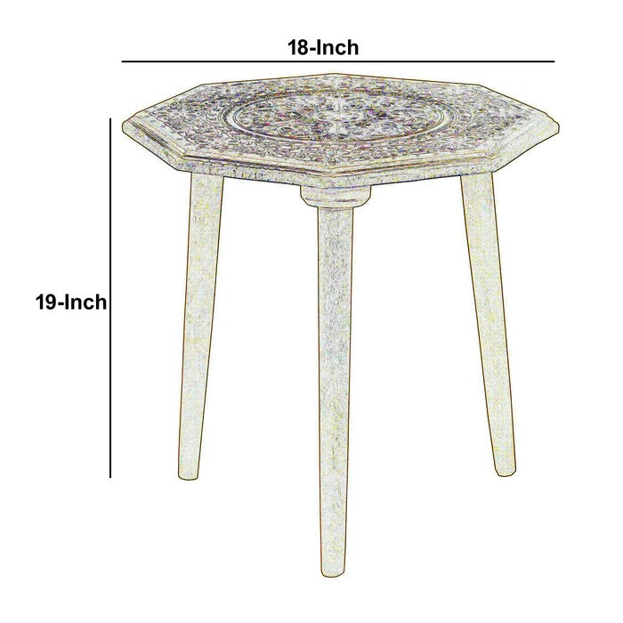 Wooden 3 Legged Octagonal Table with Intricate Carving Details, Brown
