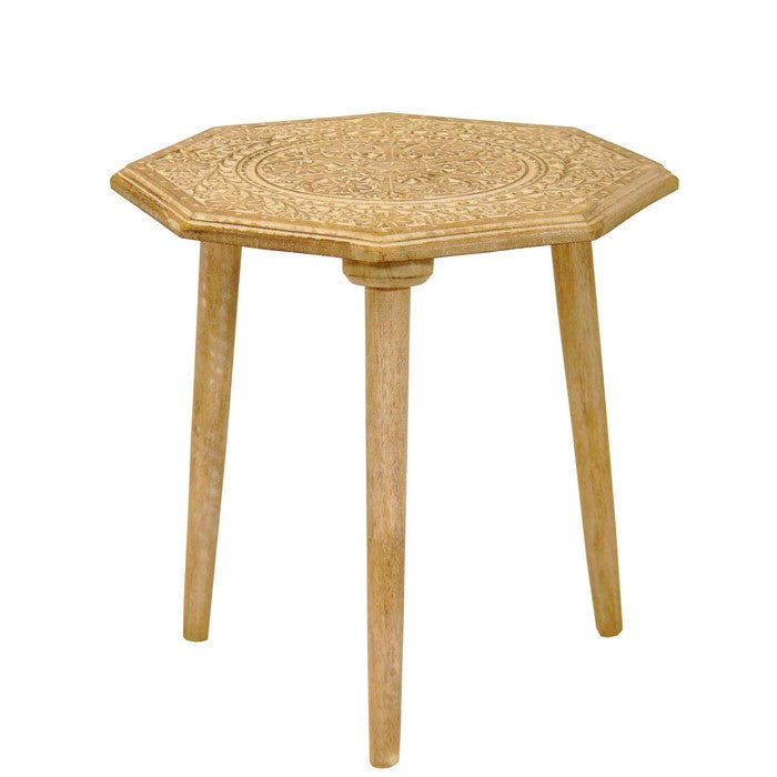 Wooden 3 Legged Octagonal Table with Intricate Carving Details, Brown