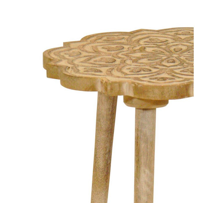 Wooden 3 Legged Accent Table with Intricate Flower Carving, Brown