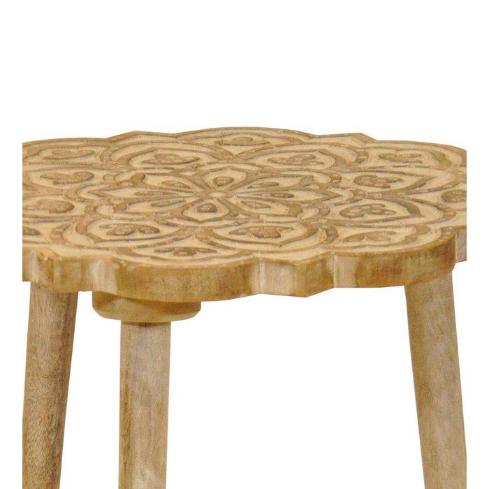 Wooden 3 Legged Accent Table with Intricate Flower Carving, Brown