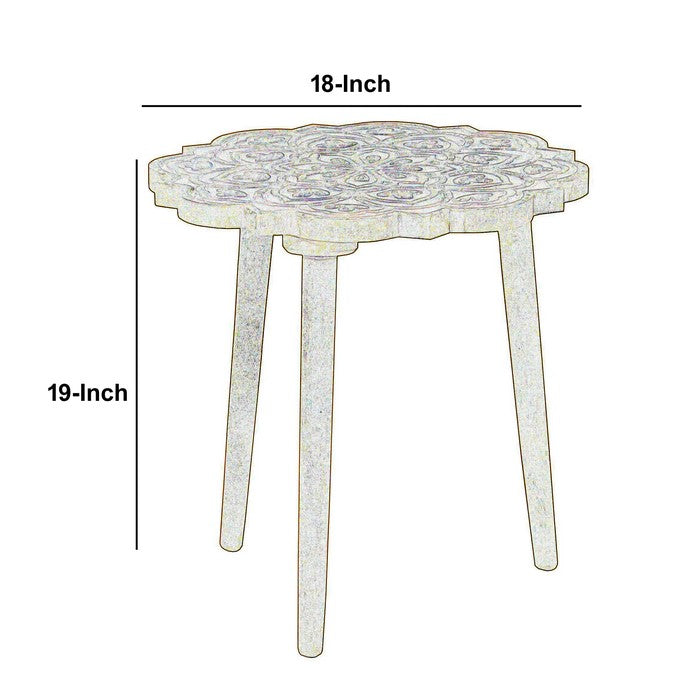 Wooden 3 Legged Accent Table with Intricate Flower Carving, Brown