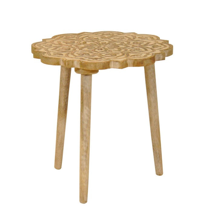 Wooden 3 Legged Accent Table with Intricate Flower Carving, Brown