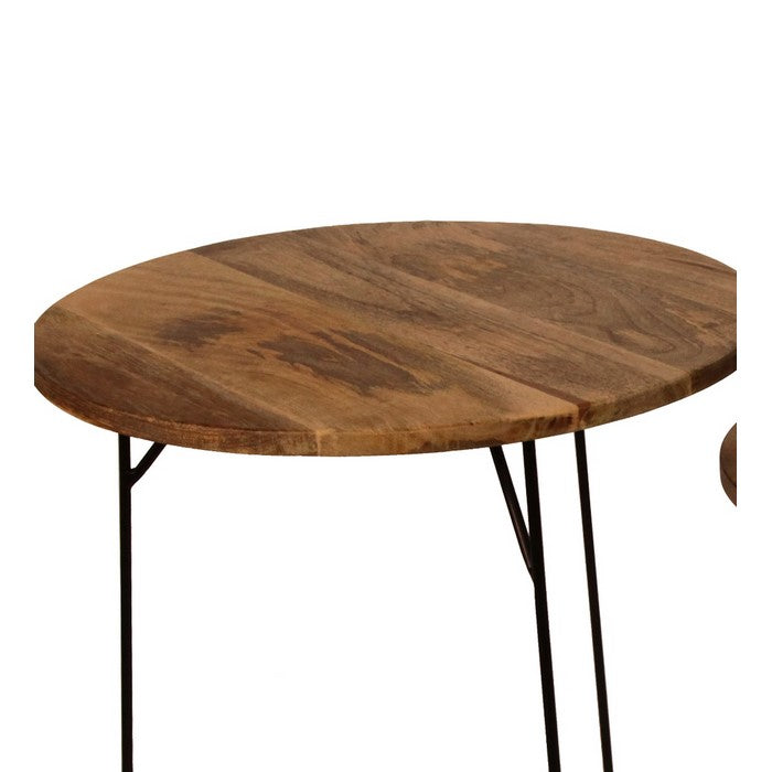 Round 2 Piece Wooden Accent Table Set with Metal Base, Black and Brown