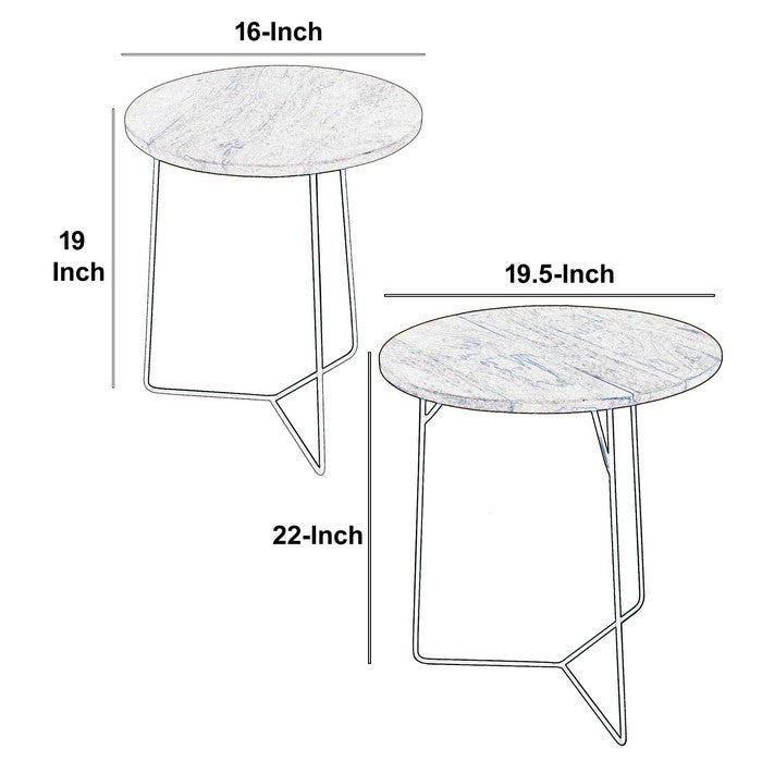 Round 2 Piece Wooden Accent Table Set with Metal Base, Black and Brown