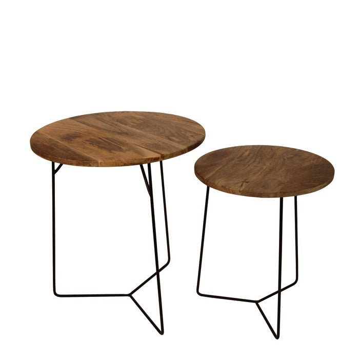 Round 2 Piece Wooden Accent Table Set with Metal Base, Black and Brown
