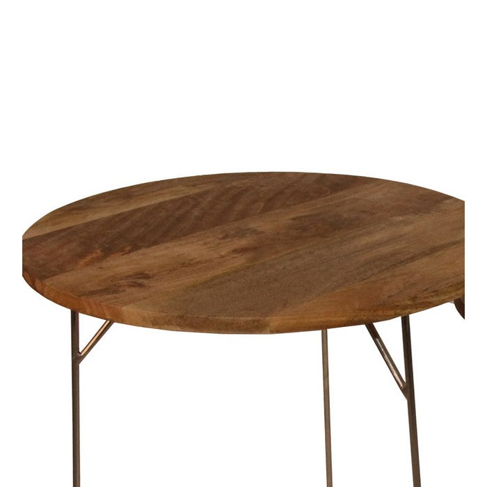 Round 2 Piece Wooden Accent Table Set with Metal Base,Bronze and Brown