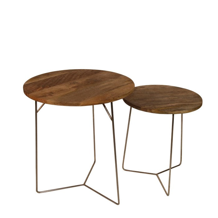 Round 2 Piece Wooden Accent Table Set with Metal Base,Bronze and Brown