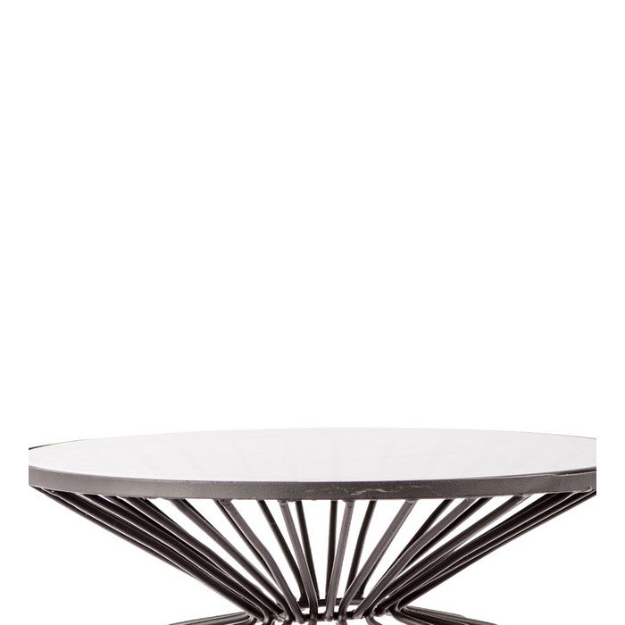 Glass Top Metal Table with Geometric Wire Base, Clear and Gray