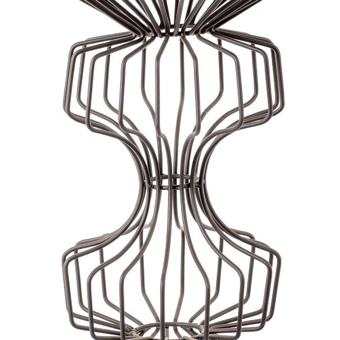 Glass Top Metal Table with Geometric Wire Base, Clear and Gray