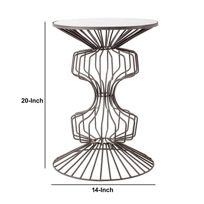 Glass Top Metal Table with Geometric Wire Base, Clear and Gray