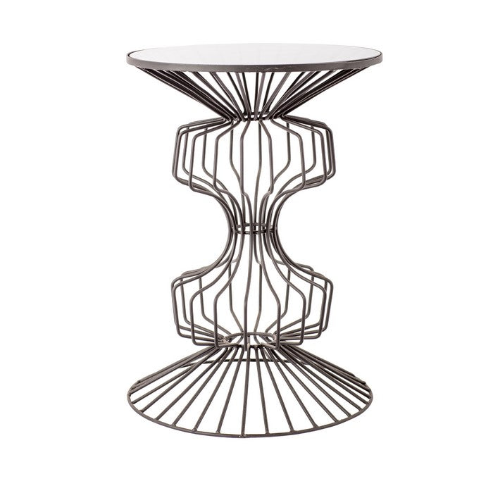 Glass Top Metal Table with Geometric Wire Base, Clear and Gray