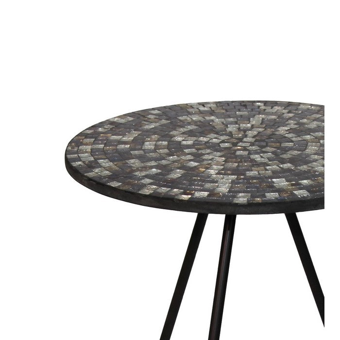 Wood and Metal Round Accent Table with Mosaic Pattern, Multicolor
