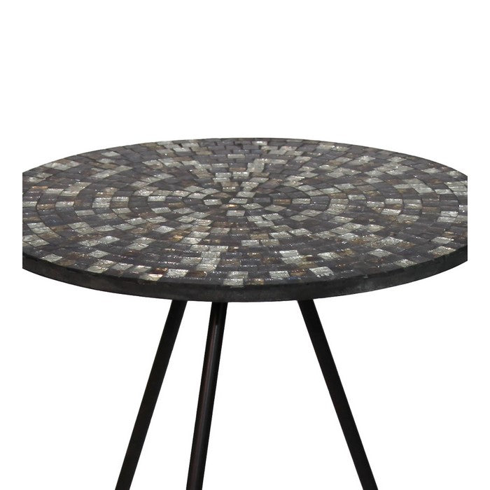 Wood and Metal Round Accent Table with Mosaic Pattern, Multicolor