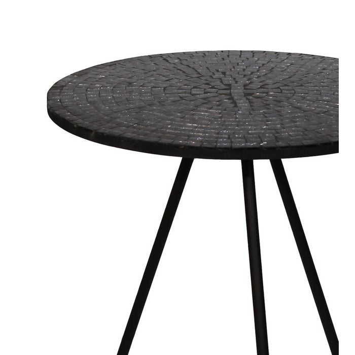 Wood and Metal Round Accent Table with Mosaic Pattern, Black
