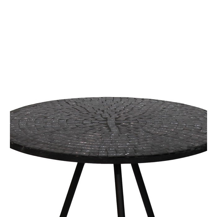 Wood and Metal Round Accent Table with Mosaic Pattern, Black
