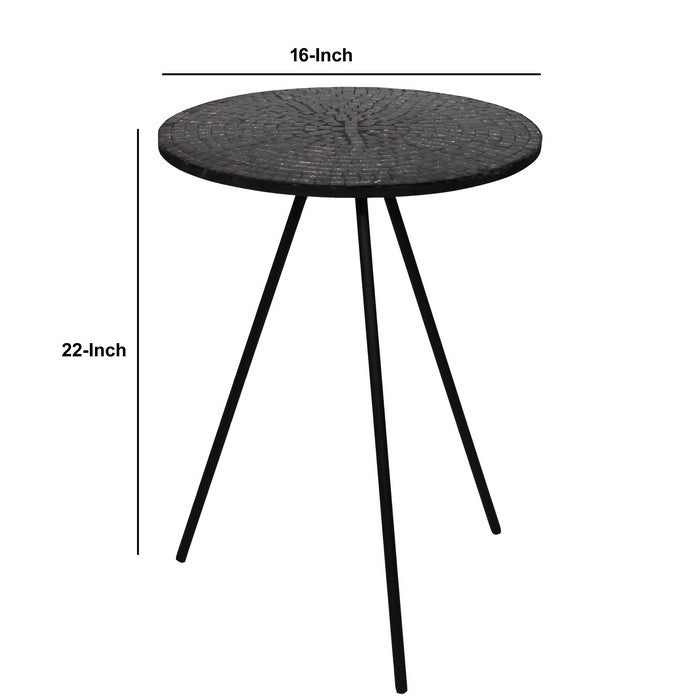 Wood and Metal Round Accent Table with Mosaic Pattern, Black
