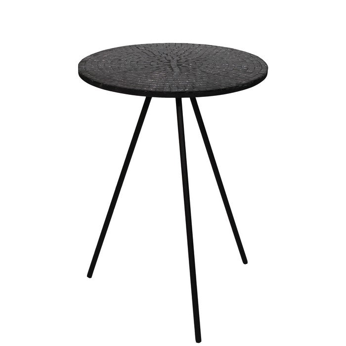 Wood and Metal Round Accent Table with Mosaic Pattern, Black