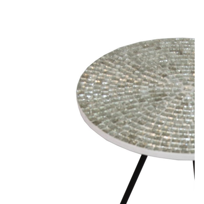 Wood and Metal Round Accent Table with Mosaic Pattern, White and Black