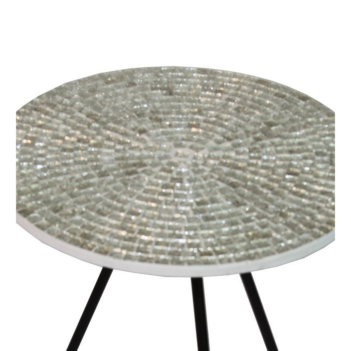 Wood and Metal Round Accent Table with Mosaic Pattern, White and Black