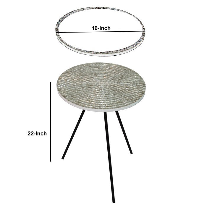 Wood and Metal Round Accent Table with Mosaic Pattern, White and Black