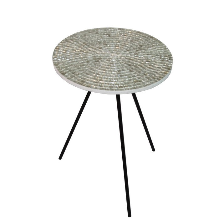 Wood and Metal Round Accent Table with Mosaic Pattern, White and Black