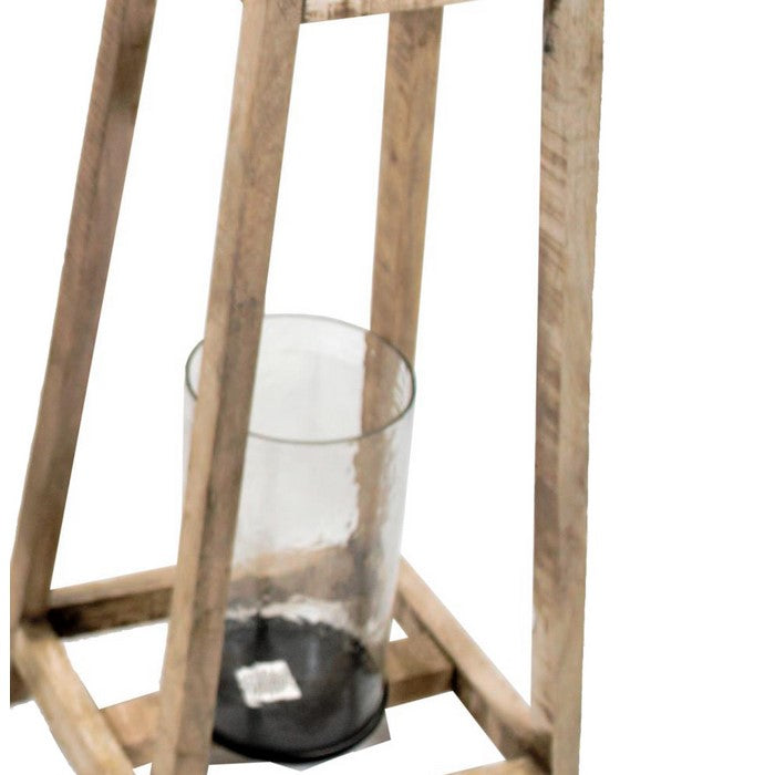 2 Piece Flared Wood and Metal Lantern Set with Glass Hurricane, Brown