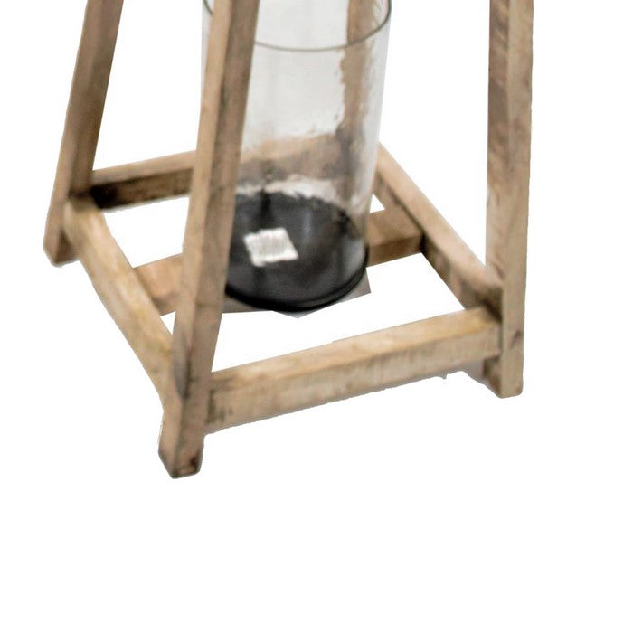2 Piece Flared Wood and Metal Lantern Set with Glass Hurricane, Brown