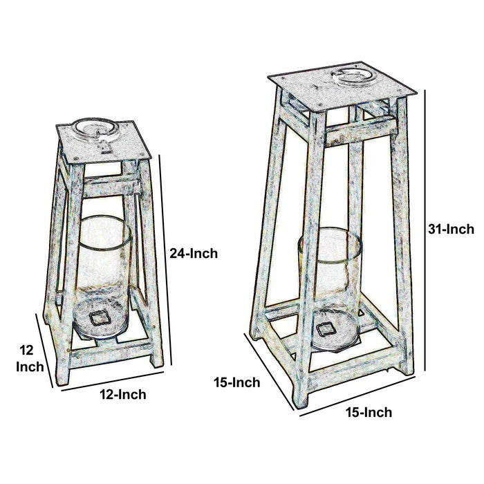 2 Piece Flared Wood and Metal Lantern Set with Glass Hurricane, Brown